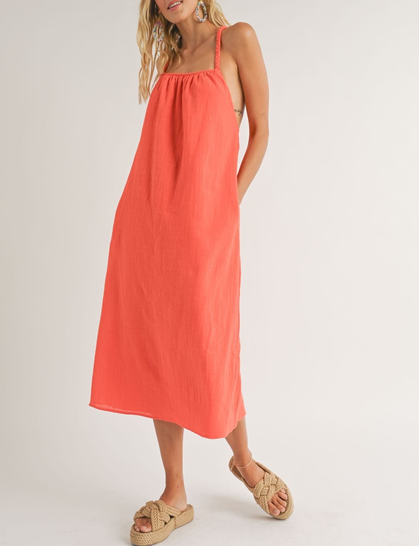 “FREE INDEED” BRAIDED STRAPS MIDI DRESS