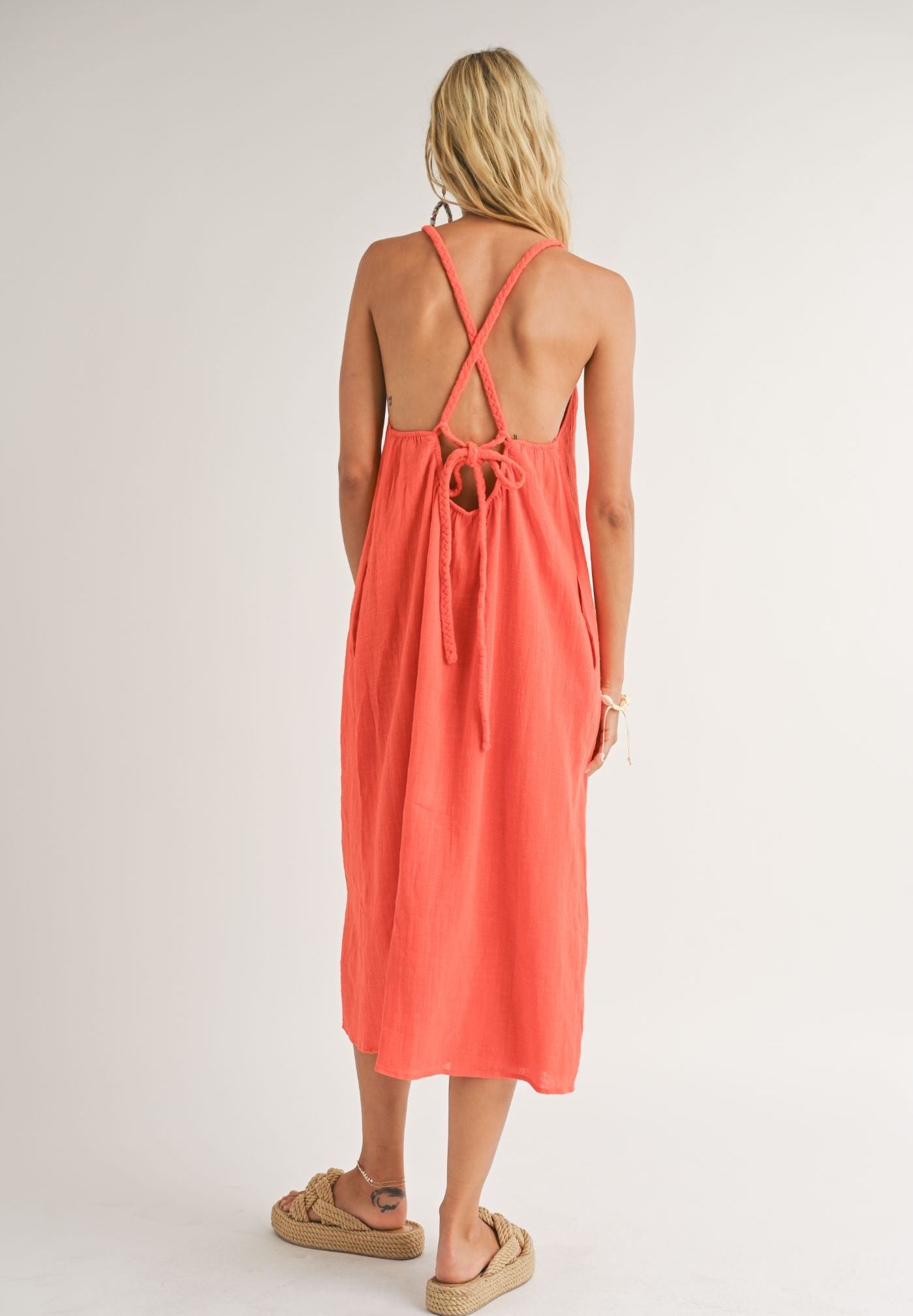 “FREE INDEED” BRAIDED STRAPS MIDI DRESS