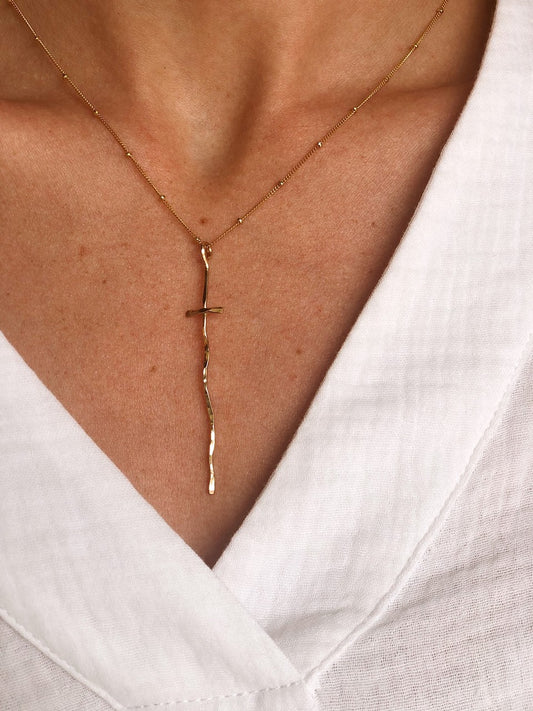 GOLD FILLED ELONGATED CROSS NECKLACE